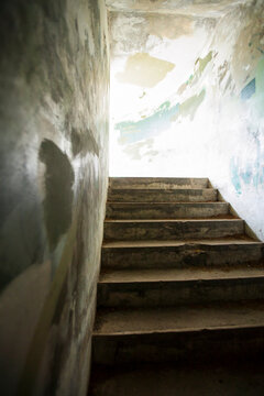 Stone steps leading up from a bunker in the fortifications at Fort Worden State Park.