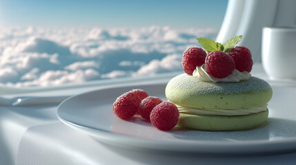An elegant green matcha soufflé pancake with red raspberries is presented on a white linen tray as a premium first class airline breakfast against a blurred white cloudscape background.