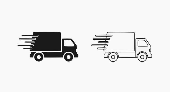 Fast delivery truck icon set, shipping van with speed lines, silhouette and outline vector illustration