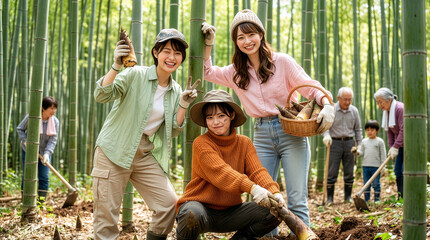 たけのこ狩りを楽しむ3人の女性