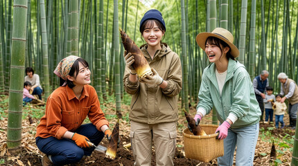 たけのこ狩りを楽しむ3人の女性
