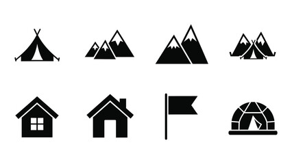 Black and white icons of outdoor adventure and travel © Apurba