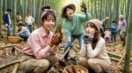 たけのこ狩りを楽しむ3人の女性