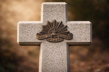 Obraz premium Anzac Day memorial cross with Lest We Forget badge, a symbol of remembrance