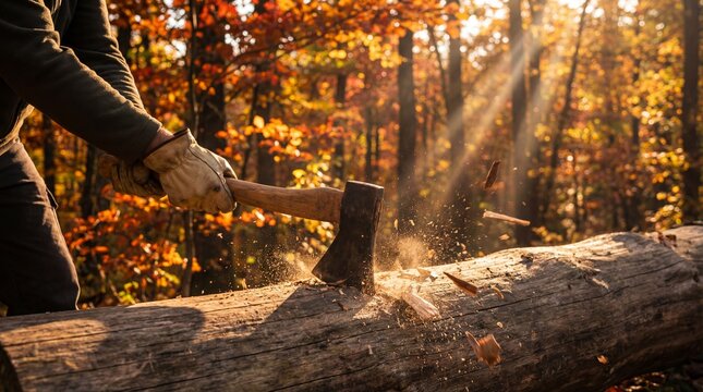 Man Chopping Wood in Autumn Forest with Sunbeams.