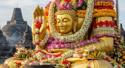 Fototapeta premium Golden Buddha statue adorned with vibrant flower garlands and offerings at a temple, symbolizing peace and spiritual devotion.