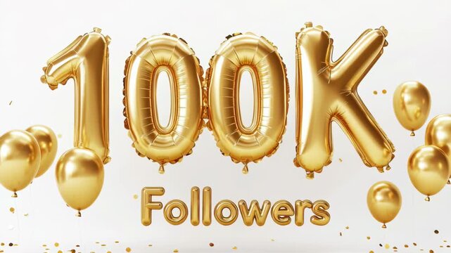 Celebration of reaching 100,000 followers with gold balloons and confetti