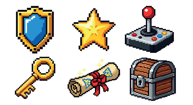 Pixel art video game elements collection for retro gaming design projects, featuring a shield, star, joystick, key, scroll, and treasure chest.