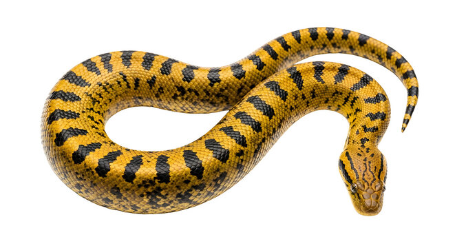 Vibrant yellow and black patterned snake coiled in a smooth curved position on a clean white background