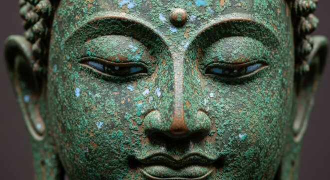 Close-up of an ancient bronze Buddha statue's face with green patina and serene expression, depicting spiritual tranquility and wisdom.