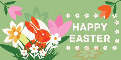 Fototapeta premium Modern Happy Easter Poster with 3D Pastel Eggs and Cute Rabbit Ears on Clean Blue Background