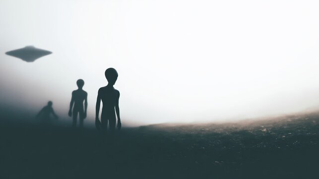 Silhouettes stand on misty ground under a hovering disc