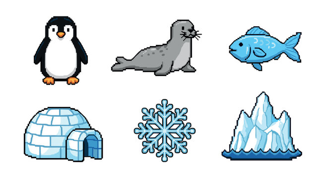 Cute pixel art arctic animals and winter elements collection featuring a penguin, seal, fish, igloo, snowflake, and iceberg in a charming retro video game style.