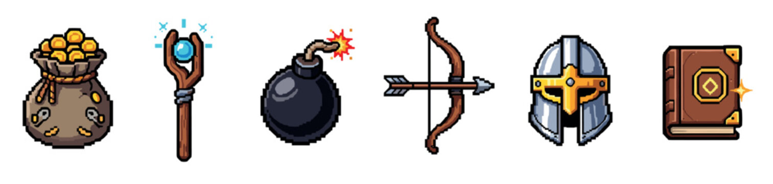 Fantasy game items, including gold, a magic staff, a bomb, a bow, a helmet, and a spellbook, are depicted in a charming pixel art style.