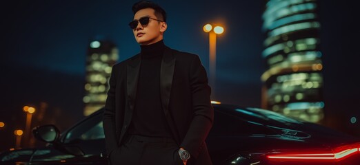 Young Asian man in black elegant suit. Young Asian man standing at night, portraying success, luxury, and urban lifestyle