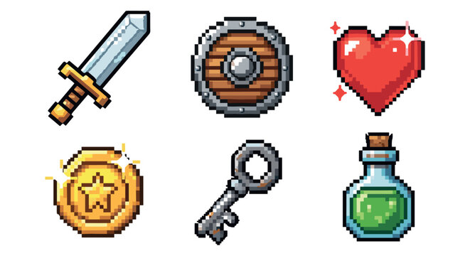 Pixel art video game items collection features classic elements like a sword, shield, heart, coin, key, and potion, perfect for retro gaming projects.