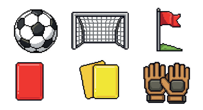Soccer ball, goal, flag, cards, and gloves are presented as pixel art icons, perfect for retro game design or sports applications.
