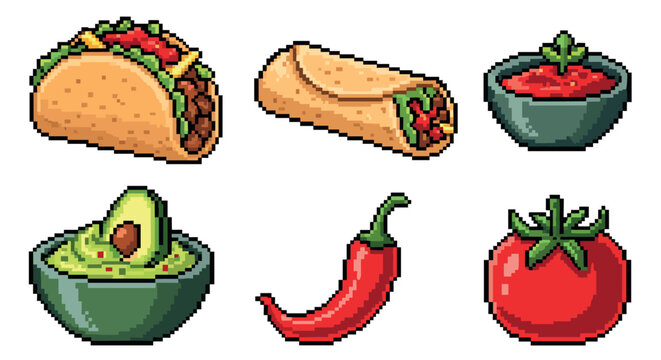 Pixel art Mexican food items and ingredients collection featuring a delicious taco, a savory burrito, fresh salsa, creamy guacamole, a vibrant chili pepper, and a ripe red tomato.