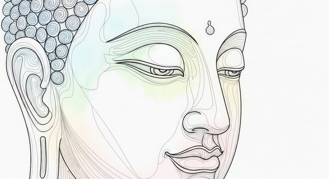 Detailed line art drawing of Buddha's serene face with subtle pastel color gradients, depicting a meditative and peaceful expression in a minimalist style.