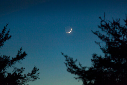 Crescent moon in the night sky over Port Angeles.