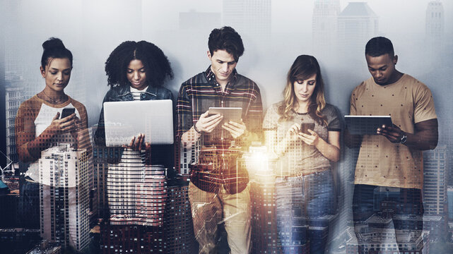 Business people, technology and waiting with double exposure for paperless, hiring or online application. Recruitment, row and group with human resources, interview and opportunity on city overlay