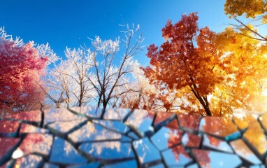 Surreal Frost-Covered Trees Transforming from Winter to Autumn Colors