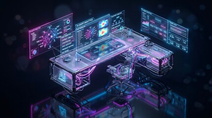 Futuristic AI-powered holographic workstation with floating data displays