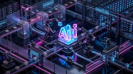 Fototapeta premium Futuristic AI production line with robotic arms assembling glowing neural hub