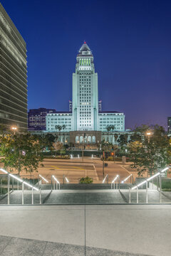 Los Angeles, the City Hall at Dawn, built in 1928, view across a public plaza.