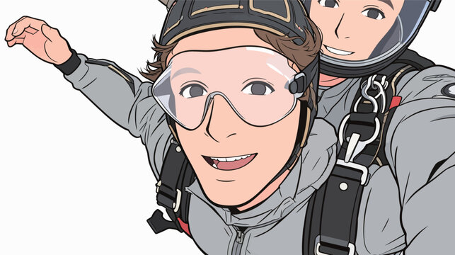 Two skydivers are in freefall, one is taking a selfie with a big smile while the other looks at the camera. They wear skydiving gear.