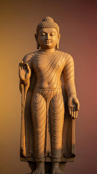 Ancient Standing Stone Buddha Statue with Vitarka Mudra Teaching Gesture