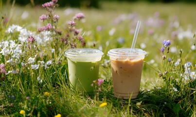 two take away coffee drinks sitting in a meadow of grass and spring flowers. close up on the drinks one is a matcha and one is an iced latte