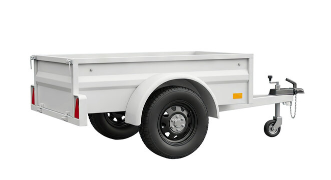White utility trailer with black wheels and hitch