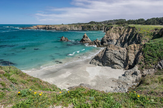 Jug Handle State Natural Reserve, Mendocino County, an elevated view of the coastline and Jug Handle Cove, rock formations and cliffs.