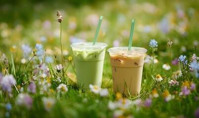 two take away coffee drinks sitting in a meadow of grass and spring flowers. close up on the drinks one is a matcha and one is an iced latte