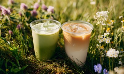 two take away coffee drinks sitting in a meadow of grass and spring flowers. close up on the drinks one is a matcha and one is an iced latte
