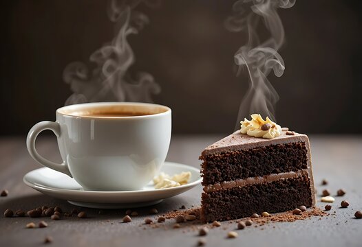 Warm coffee cup paired with a richly layered chocolate cake on a rustic table. kaffee und kuchen