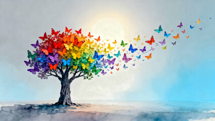 Fototapeta premium A vibrant tree of life illustrated with colorful butterflies in a rainbow spectrum, symbolizing growth, change, and interconnectedness.