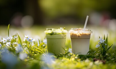 two take away coffee drinks sitting in a meadow of grass and spring flowers. close up on the drinks one is a matcha and one is an iced latte