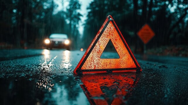 Warning triangle illuminated by headlights on a rainy road in the evening