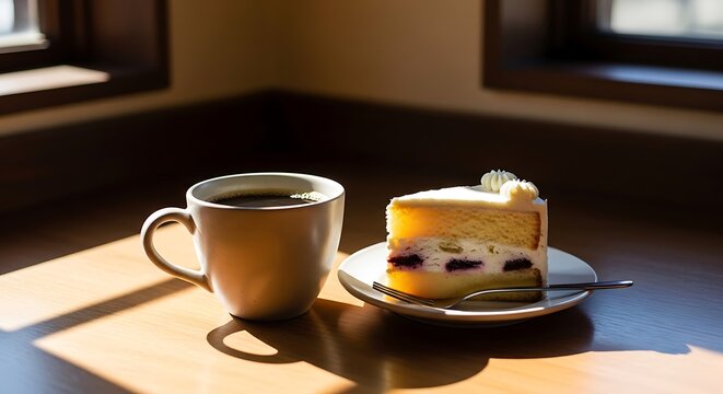 A cozy moment with a slice of cake and a warm cup of coffee on a table. kaffee und kuchen