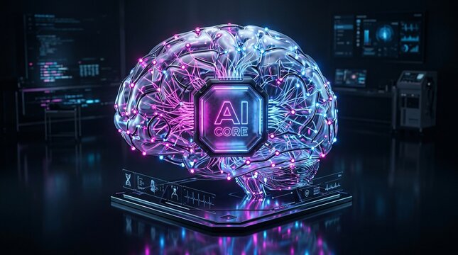 Futuristic neon neural brain with AI core chip glowing in dark lab
