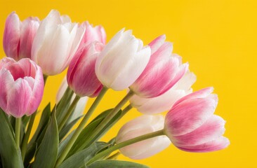 Fototapeta premium Vibrant pink and white tulips against bright yellow background