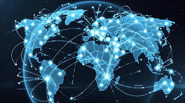 Abstract CGI Visualization Of Global Military Logistics Network Showing Interconnected Nodes And Lines Of Communication On A Blue World Map With Starry Dark Background