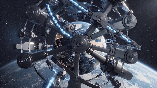 Abstract CGI visualization of global defense network surrounding Earth with glowing blue energy conduits in deep space, representing military power balance and technological control in a futuristic