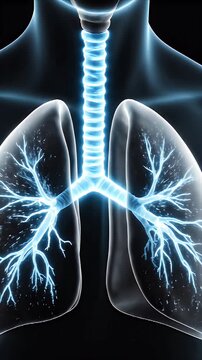 Abstract CGI Visualization of Increased Airflow Through Lungs and Trachea With Blue Glowing Bronchial Tubes on Black Medical Background