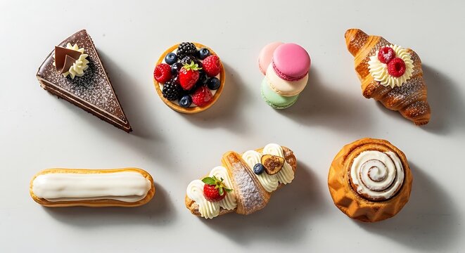 Assorted delightful pastries and desserts arranged on a white surface. und kuchen