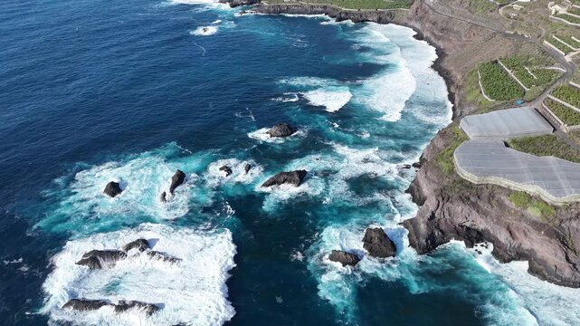 High waves of the Atlantic Ocean off the coast of the Canary Islands, La Palma, nudist beach Playa La Zamora Chica, bathing prohibited, Cavendish banana plantation,