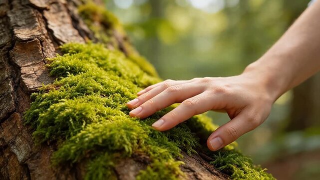 Hand touching moss on tree bark