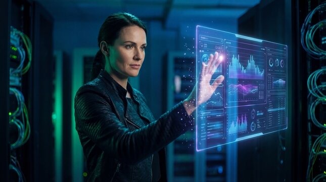 Female IT specialist interacting with a futuristic holographic data display in a server room.